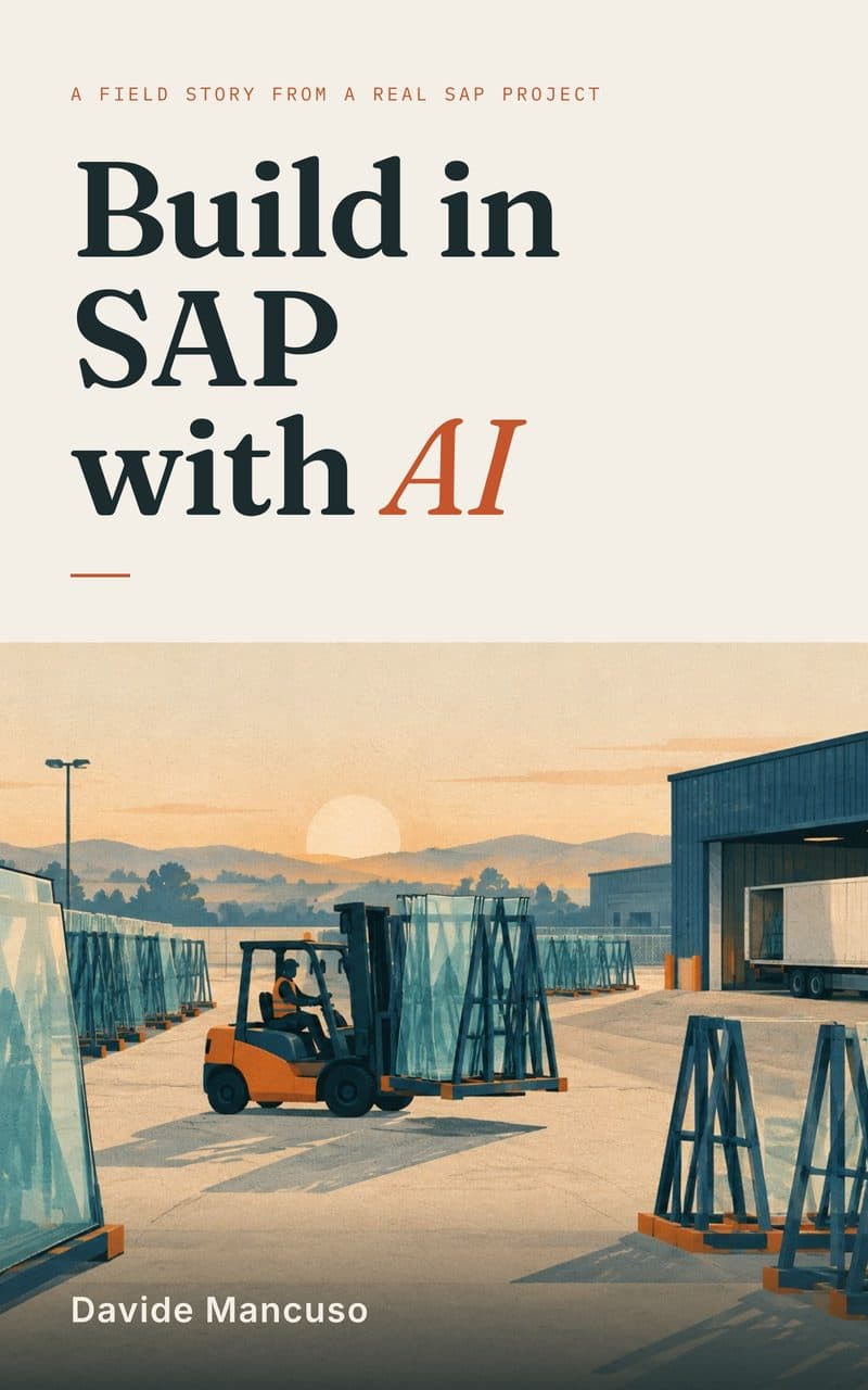 Cover of Build in SAP with AI by Davide Mancuso: a forklift moving glass on steel racks in a depot yard at sunrise